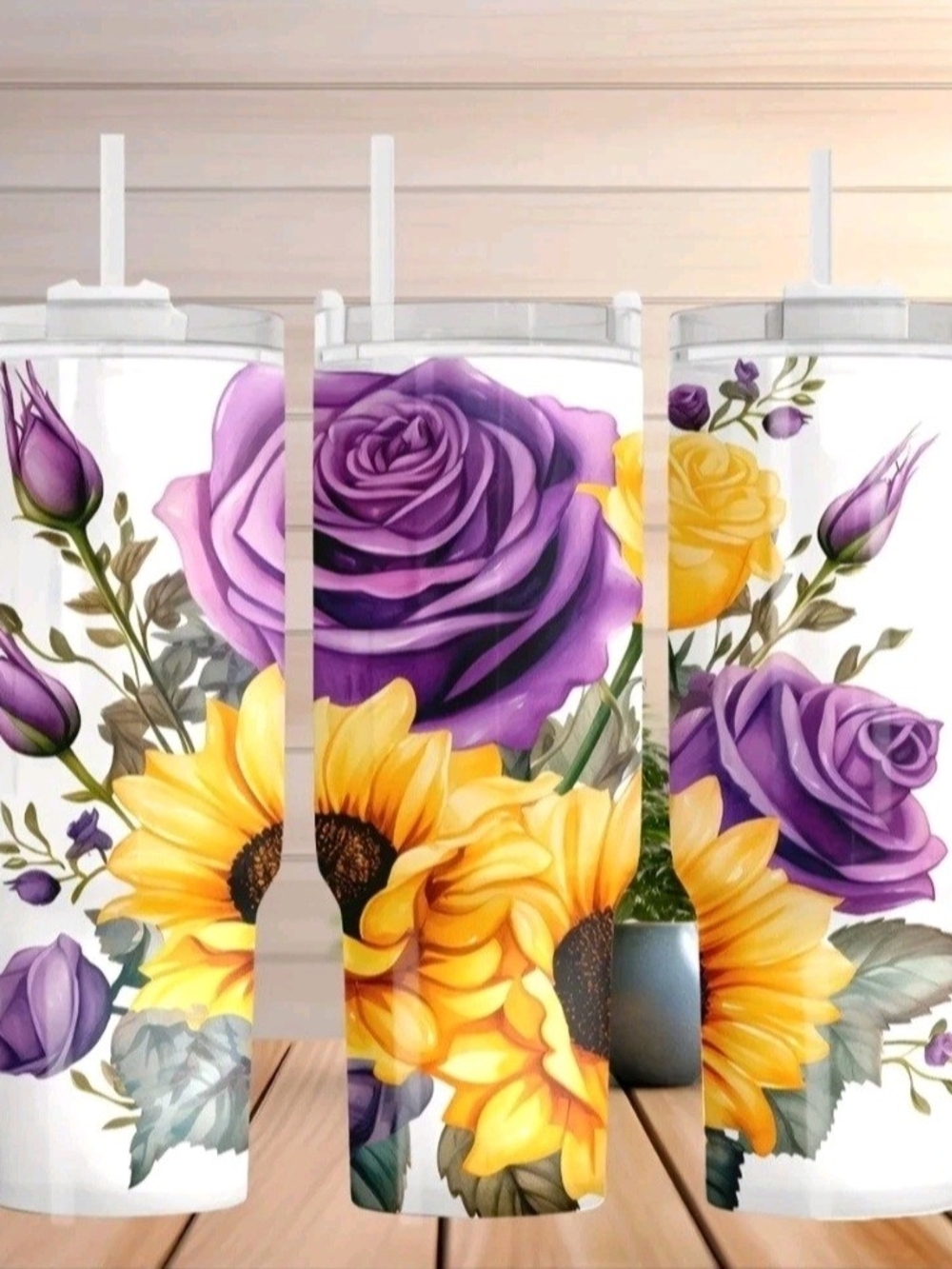 Purple Roses & Sunflowers 40 Oz Stainless Steel Insulated Tumbler On White Base